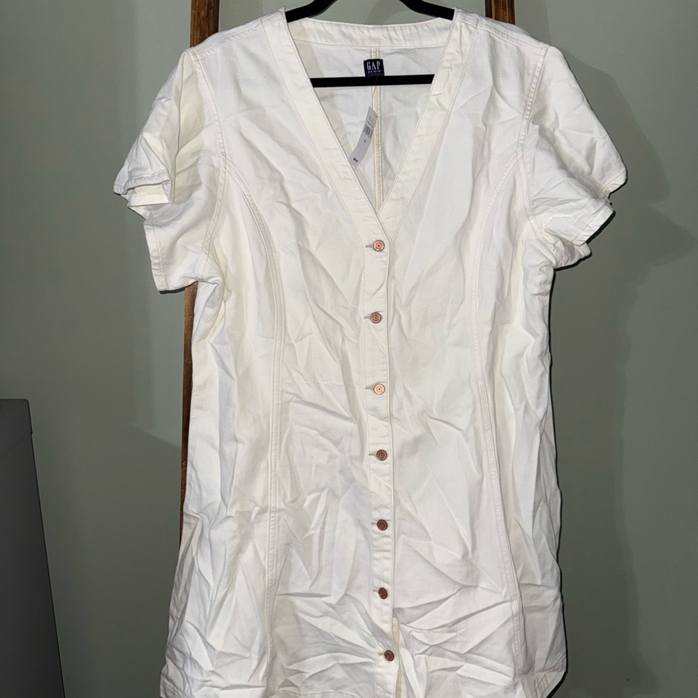 GAP White Button-Front Short Sleeve Denim Dress